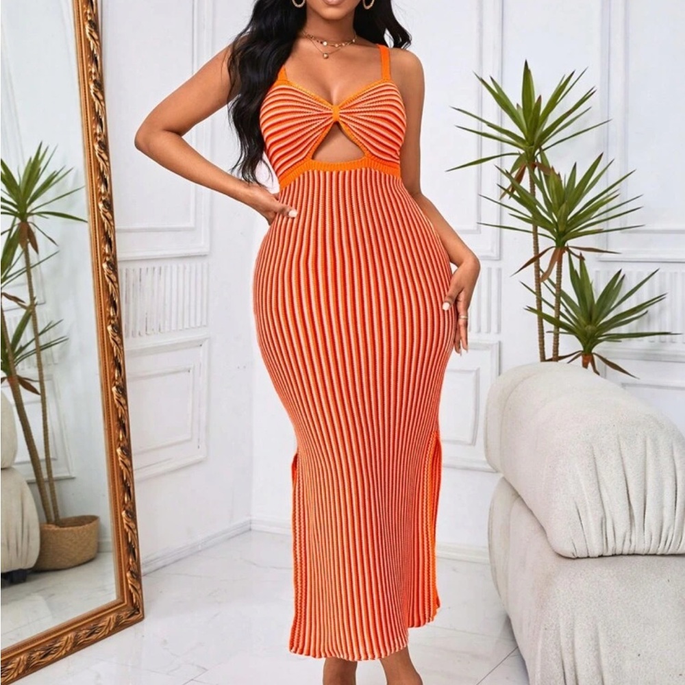 SHEIN Orange Ribbed Cut Out Bodycon Maxi Dress